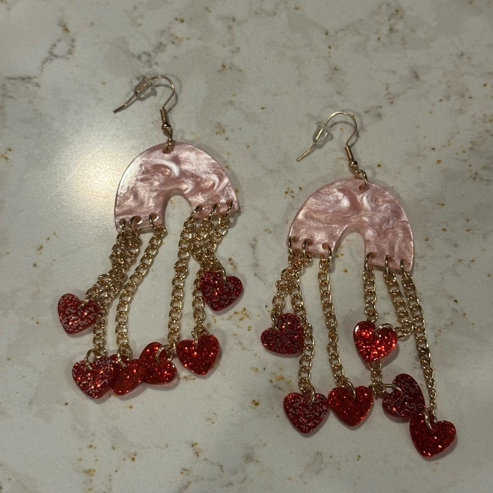 Pink Feminine Rainbow Dangle Earrings with Gold‎ Chains and Red Glitter Hearts
